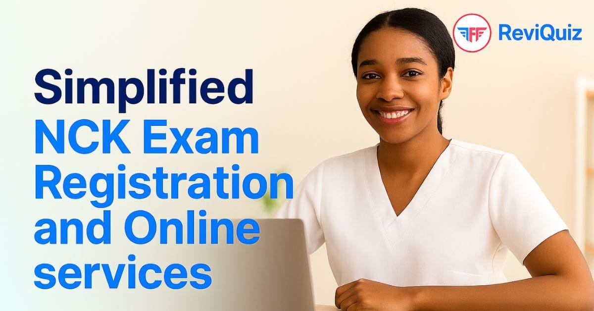 Image with student smiling with words ReviQuiz_Simplified-NCK-Exam-Registration-and-Online-Services