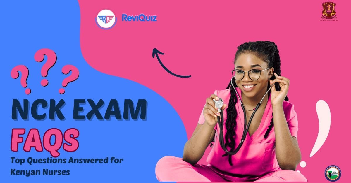 Smiling Kenyan nurse holding stethoscope on vibrant pink and blue background with question marks and text 'FAQs NCK Exam for Kenyan Nurses' by ReviQuiz.