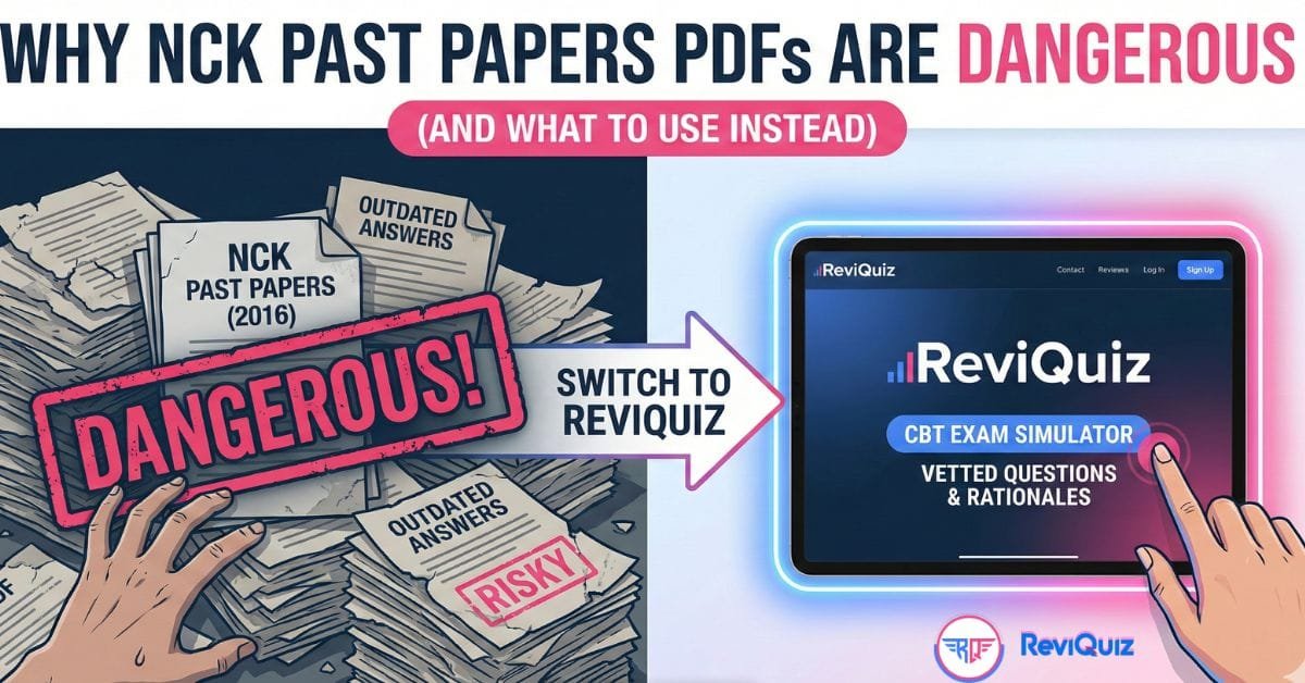 NCK past papers PDF comparison showing dangerous outdated papers versus modern ReviQuiz digital exam preparation platform for Nursing Council of Kenya licensure exam