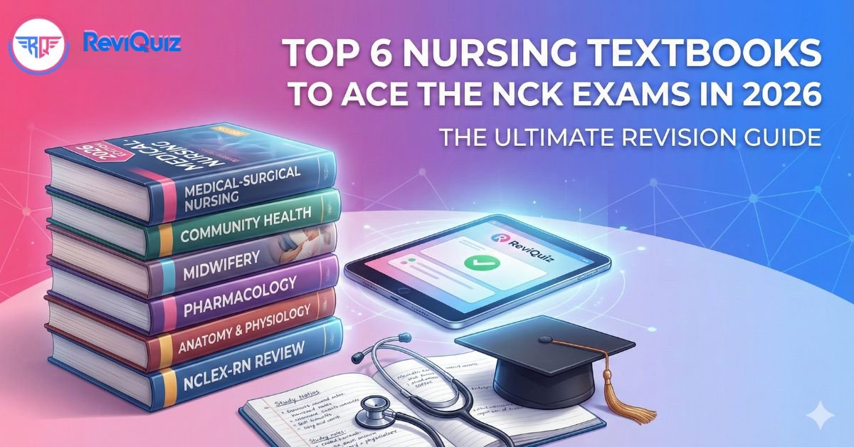 A stack of the top 6 nursing textbooks for NCK exams, including Medical-Surgical and Midwifery, next to a ReviQuiz revision tablet and stethoscope on a pink and blue background.Find the best nursing PDFs for the Nursing Council of Kenya exams at ReviQuiz Shop.